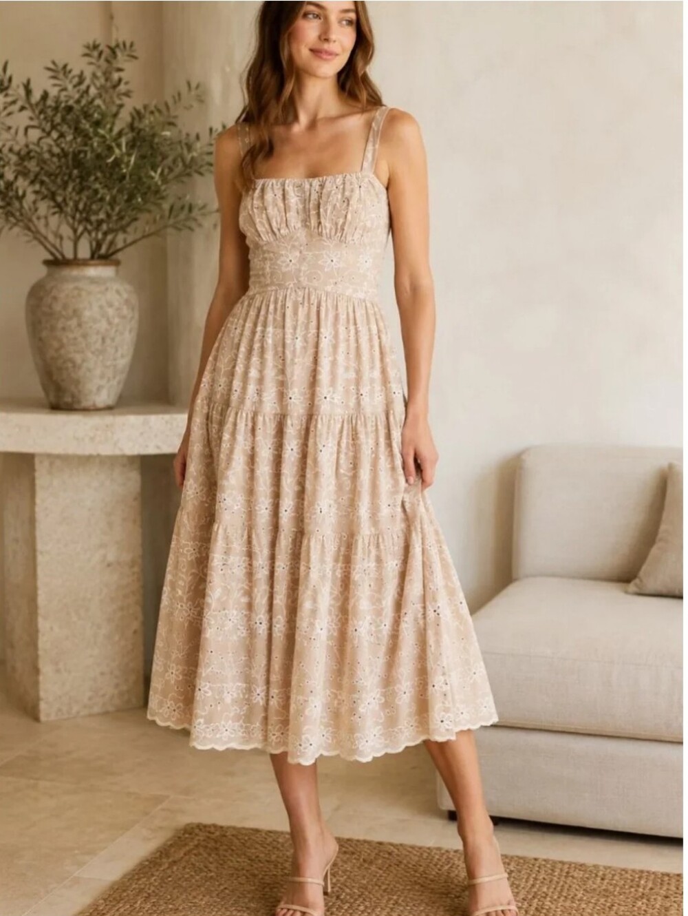 Row A Summer Maxi Dress- Sleeveless Beige Eyelet Midi Dress with Smocked Bodice